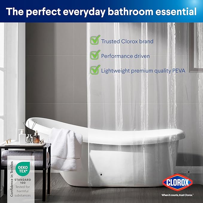 Clorox Shower Curtain Liner & Hooks, Premium Lightweight Flexible Waterproof 4g PEVA for Bathroom with Weighted Magnets, Standard Size 70" x 72", Clear 1 Pack