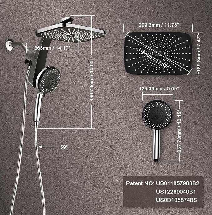 12" High Pressue Rain Shower Head with Handheld, 9 Sprays Hand Showerhead | Shower Heads with Handheld Spray Combo, Dual Head, Built-in Magnetic Docking, Power Jets, 59" Shower Hose, Chrome 1.8GPM