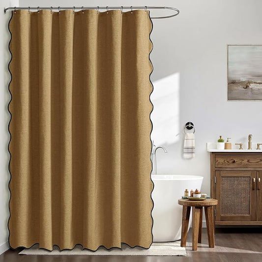 MIULEE Gold Brown Scalloped Linen Shower Curtain 72x72 Inches | Linen Textured, Waterproof, Washable, 12 Metal Hooks, Heavy Duty Cloth, Black Border, Shower Curtain for Bathroom Bathtub