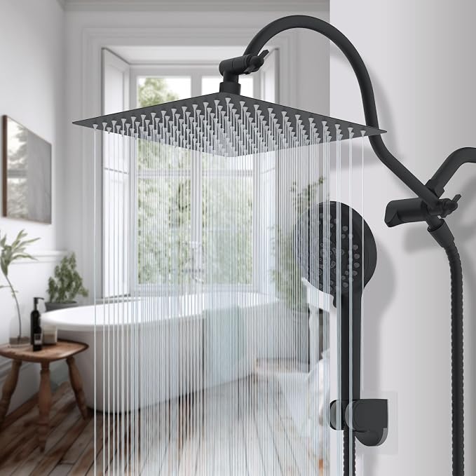 Hibbent 12'' All Metal CUPC Certified Shower Head, High Pressure Rainfall Shower Head, Handheld Showerhead Combo, 12'' Adjustable Extension Arm, 10-Spray, 71'' Hose, Showerhead Holder, Matte Black