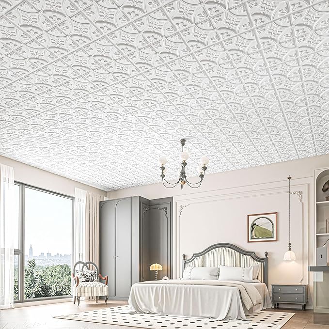 Art3d Drop Ceiling Tiles 2x2 12 Pack, Glue-up PVC Ceiling Panel, Traditional Style in White