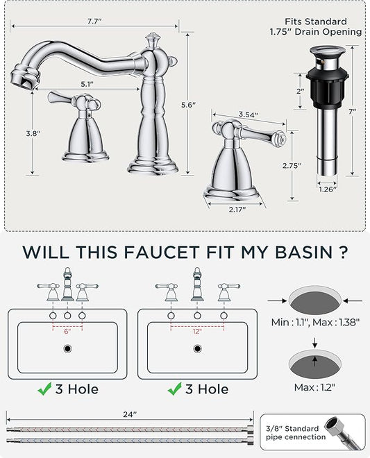 FORIOUS Bathroom Sink Faucet 3 Holes, 2 Handle Faucet for Bathroom Sink with Pop-Up Drain and Water Supplies for Commercial, Vanity, Lavatory, Restroom, Farmhouse (Chrome)