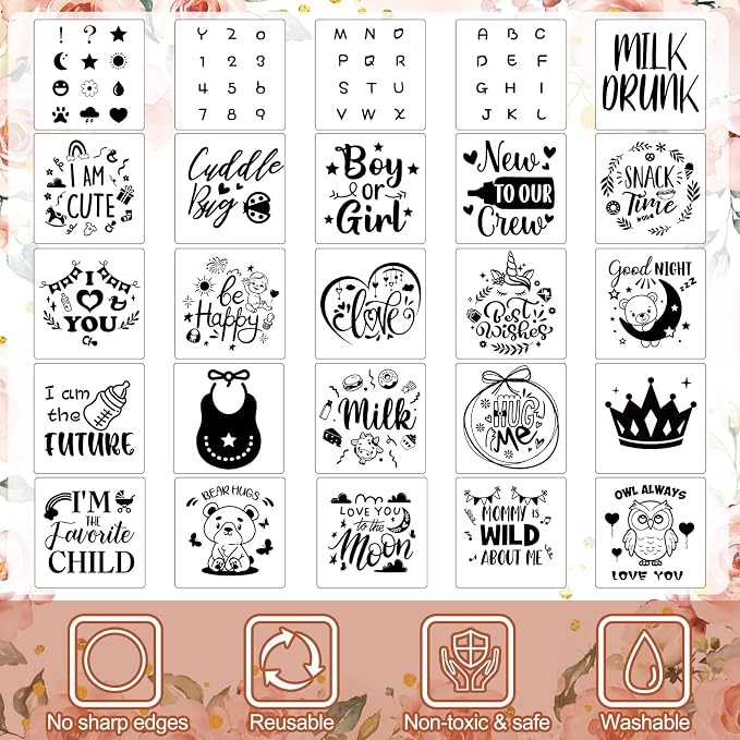 Panitay 126 Pcs Baby Shower DIY Bodysuit Set Bib 25 Blank White Newborn Bodysuit 25 Stencils 24 Marker 1 Sign 50 Pins(Floral)
