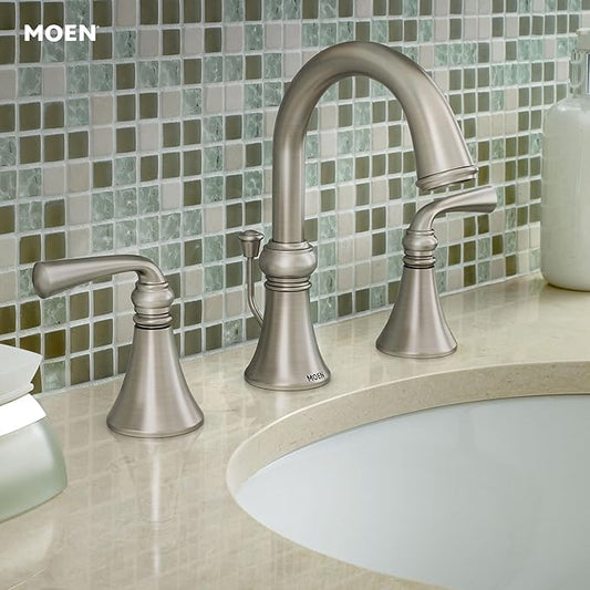 Moen Wetherly Spot Resist Brushed Nickel Two-Handle Widespread Bathroom Faucet with Valve Included, 3-hole Deck Mounted Setup, WS84855SRN