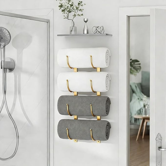 Rolled Towel Rack for Bathroomβ 4-Tier Rolled Towel Storage Holder,Metal Organizer for Towels & Large Bath Sheets, Space Saving Rack for Small Bathroom, RV, Camper, Closet, Gold Metal