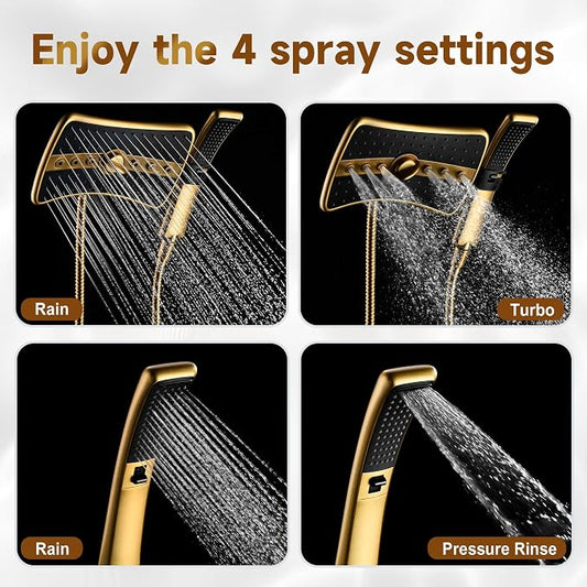 BRIGHT SHOWERS Dual Shower Head with Handheld, High Pressure Rainfall Shower Head Combo, 60-Inch Stainless Steel Hose, Brushed Gold