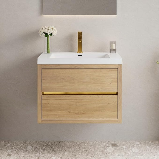 Abruzzo 30" Natural Oak Wall-Mounted Bathroom Vanity with Sink – Stone Resin Countertop & Soft-Close Drawers, Waterproof Wood Cabinet for Small Bathrooms