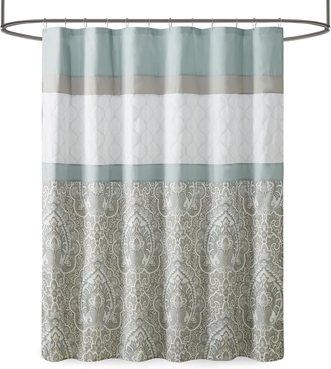 510 DESIGN Shower Curtain, Geometric Textured Embroidery Design with Built-in Liner, Modern Mid-Century Bathroom Decor, Machine Washable, Fabric Privacy Screen 72x72, Shawnee, Seafoam