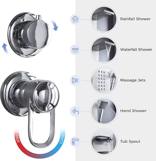 DELAVIN Stainless Steel Shower Panel Tower System, Wall-Mount Shower Panel | Rainfall Waterfall Shower Head, Massage Jets, Tub Spout, Handheld Shower, for Renovation, New Builds, Rentals & Contractors