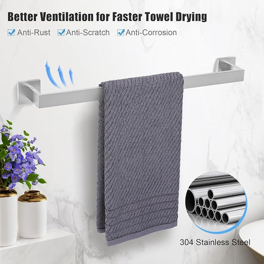 TURS Bathroom Hardware Set 4-Piece Brushed Bath Towel Bar Set Include 24 Inch Towel Bar Hand Towel Holder Towel Hook Toilet Paper Holder with Shelf Stainless Steel Bathroom Accessories Set