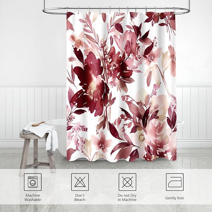Extra Long Shower Curtain 72 x 84 Inch, Tall Burgundy Red Floral Decor | Watercolor Floral Modern Abstract Flower Bathroom Fabric Shower Curtain Set with Hooks