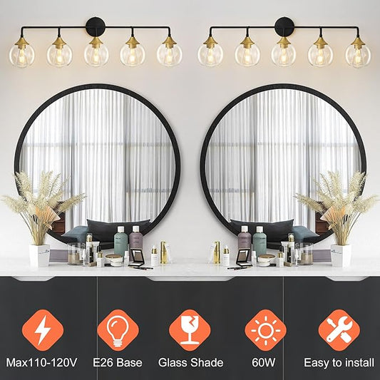 Bathroom Vanity Light with Clear Glass Shade, E26 Base, Vanity Lighting Fixtures Over Mirror, 39 Inch Vanity Lights for Bathroom (Exclude E26 Bulb) (Black and Gold, 5-Lights)