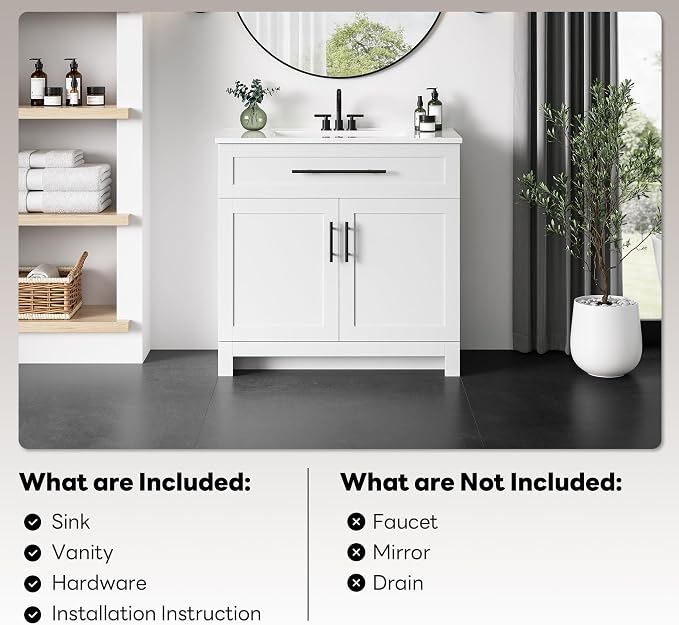 LIKIMIO 36" Bathroom Vanity with Sink, 1 U-Shaped Drawer & 2 Doors, White | Freestanding Bathroom Vanity, Integrated Ceramic Sink, Soft-Close Doors & Drawer, Modern Bathroom Storage Cabinet