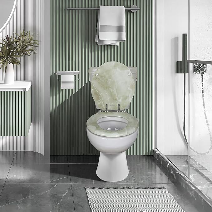 Angel Shield Marble Toilet Seat Durable Molded Wood with Quiet Close, Easy Clean, Quick-Release Hinges Round Toilet Seat (Round, Green Marble)