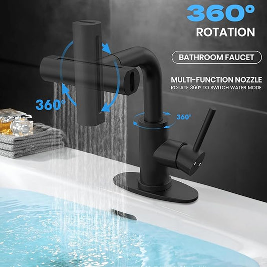 Matte Black Bathroom Sink Faucet with Pull Down Sprayer - 4 Mode Single Handle Vanity Faucet Waterfall Bathroom Faucet with Pull Down Sprayer (No Drain)