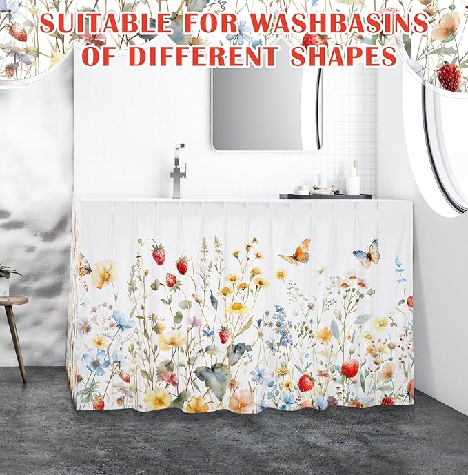 Fabric Sink Skirt Diamond Bathroom Stitch Self Stick Adhesive Waterproof Fabric Under Sink Curtain Skirt 55 x 32 Inch Adds Bathroom Storage (White,Wildflowers Style)