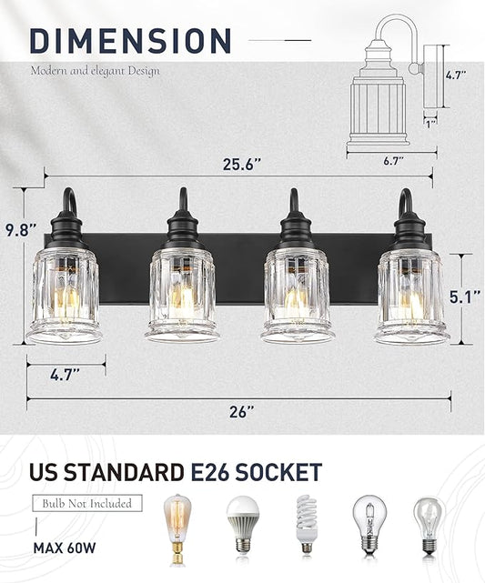 HWH 4-Light Bathroom Vanity Light, Wall Light Sconces for Bathroom, Dressing Table, Black Bathroom Mirror Wall Light with Bell-Shaped Clear Glass, Matte Black Finish, 5HZG106B-4W BK