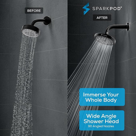 SparkPod Rain Shower Head, 6 Inch Round, Midnight Black Matte Finish | High Pressure Shower Heads, 90 Nozzles, Adjustable Showerhead, No Tools Needed, Universal Connection