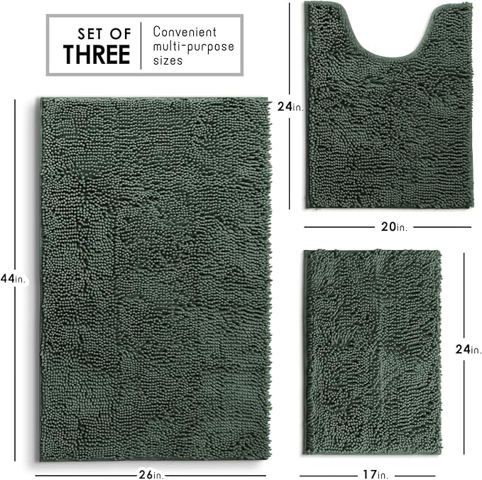 Hearth & Harbor Bathroom Rugs, Chenille Bath Mat - Machine Washable Bath Mats for Bathroom Non-Slip Backing Rubber, Quick Dry Mat - Hunter Green Bath Rug, 17x24-26x44-20x24
