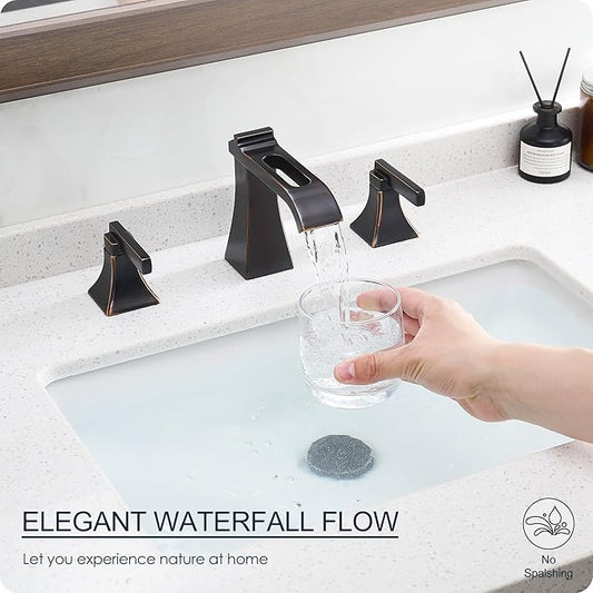 Oil Rubbed Bronze Bathroom Faucet 3 Hole, Brass Waterfall 8 Inch Widespread Bathroom Sink Faucet with Pop-Up Drain, cUPC Supply Lines, 2 Handles for Vanity, Farmhouse, Hollowed Design