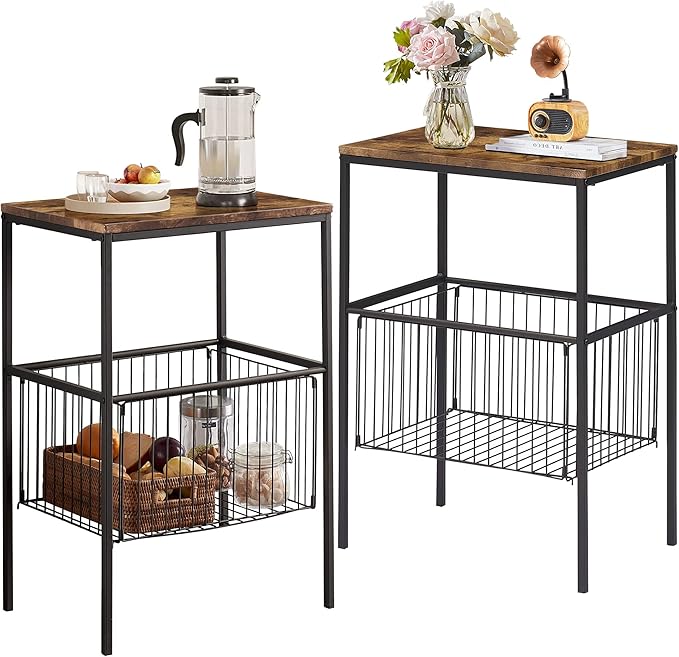 VECELO Tall Night Stand with Metal Basket,End Table with Shelf Storage Organizer, Wood Nightstand for Bedroom, Living Room,Bathroom
