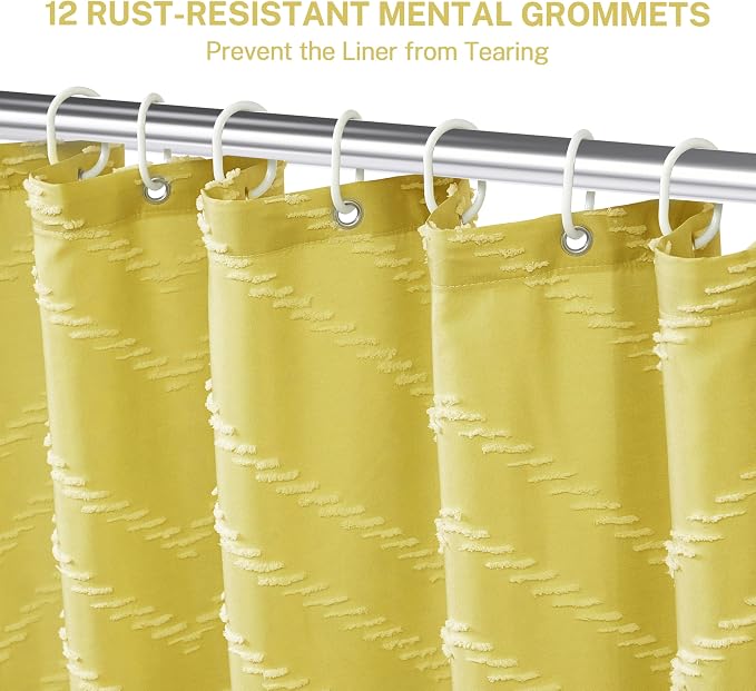 Yellow Boho Shower Curtain with White Tassel - 72 x 72 Modern Farmhouse Textured Tufted Chevron Striped Minimalist Bathroom Shower Curtain