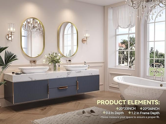 Brightify Gold Oval Mirror for Bathroom 20x33 Inch, Metal Framed Bathroom Vanity Mirrors, Modern Wall Mirror for Bedroom Living Room Wall Decorative Hang Vertical and Horizontal