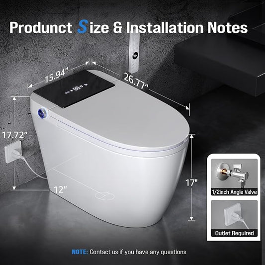 Modern Smart Toilet with Built-In Bidet, Electric Toilet, Auto Open/Close Lid, Heated Seat, Dual Auto Flush & Foot Sensor, Tankless, Warm Water Wash & Dryer, Wireless Remote, 1000g MaP