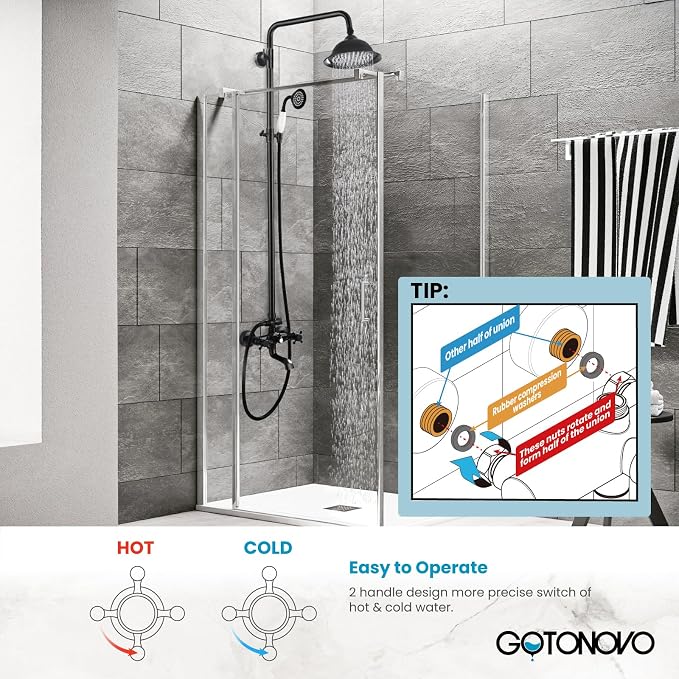 gotonovo Exposed Shower System with Spout,Oil Rubbed Bronze,No Shower Shelf | Brass Shower Faucet Set,8’’ Rain Head with Handheld Spray,Swivel Tub Spout,2 Cross Handle,6’’ Hole Distance,Adjustable Height