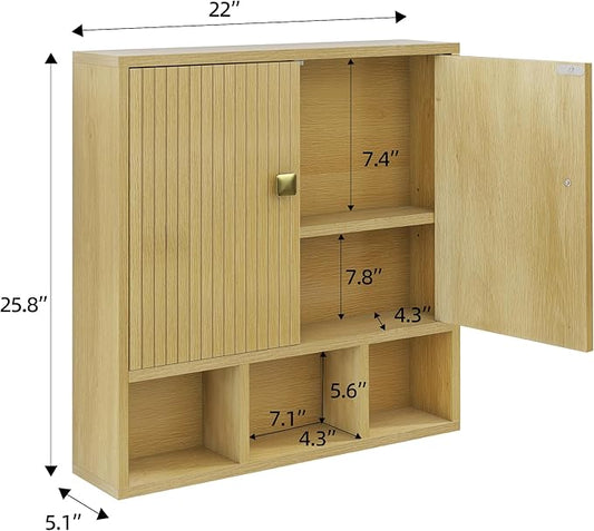 Bathroom Wall Cabinet,Wooden Medicine Cabinet with Fluted Doors Over The Toilet Storage Cabinet with Adjustable Shelf for Bathroom,Wood