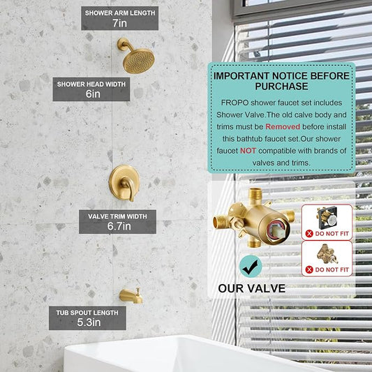 Brushed Gold Shower Tub Faucet Set With Valve - Gold Shower Head and Handle Set, Shower Faucet Set With 6 Inch Rain shower Head and Tub Spout, High-Pressure Tub Shower Trim Kit