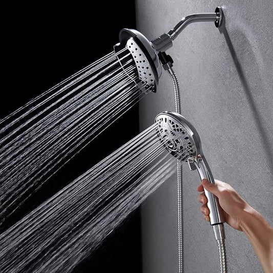 2 in 1 Shower Head with Handheld Combo High Pressure Silver 1.8 GPM | 7.2" Rain Showerhead and 10 Spray Hand Held Shower, Adjustable Shower Angle, 59-inch Rotatable Stainless Steel Hose
