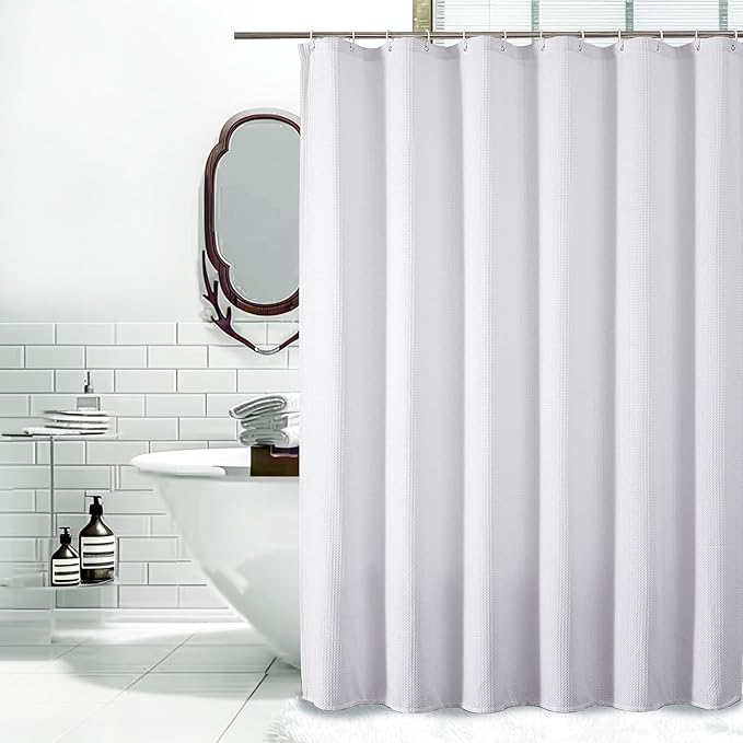 White Shower Curtain Set, Waffle Textured Heavy Duty Fabric Thick Shower Curtain for Bathroom, 230GSM Luxury Weighted Bath Curtain with 12 Plastic Hooks, 72x72, White