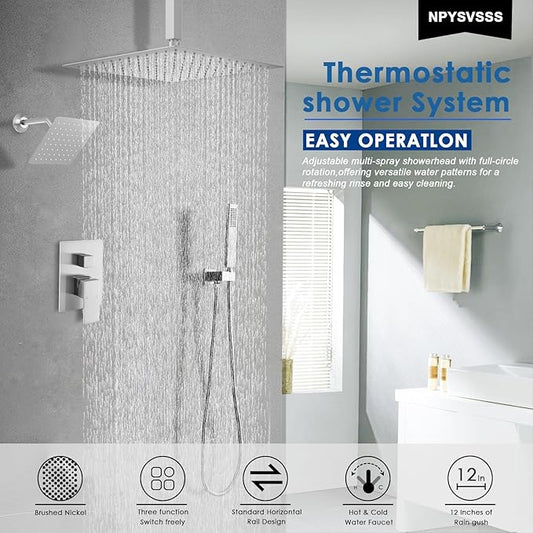 Shower System Dual Shower Heads with 12" Ceiling Mounted Rain Shower Head & 6" Wall Mounted Head Full Body Luxury Rain Shower System 3 Way Pressure Balance Valve Kit, Brushed Nickel