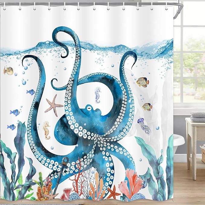 Nautical Octopus Shower Curtain Funny Ocean Beach Sea Monster Animal Waterproof Fabric Bath Curtain Decor Unique Novelty Bathroom Accessories with Hooks Set 72X72 Inch