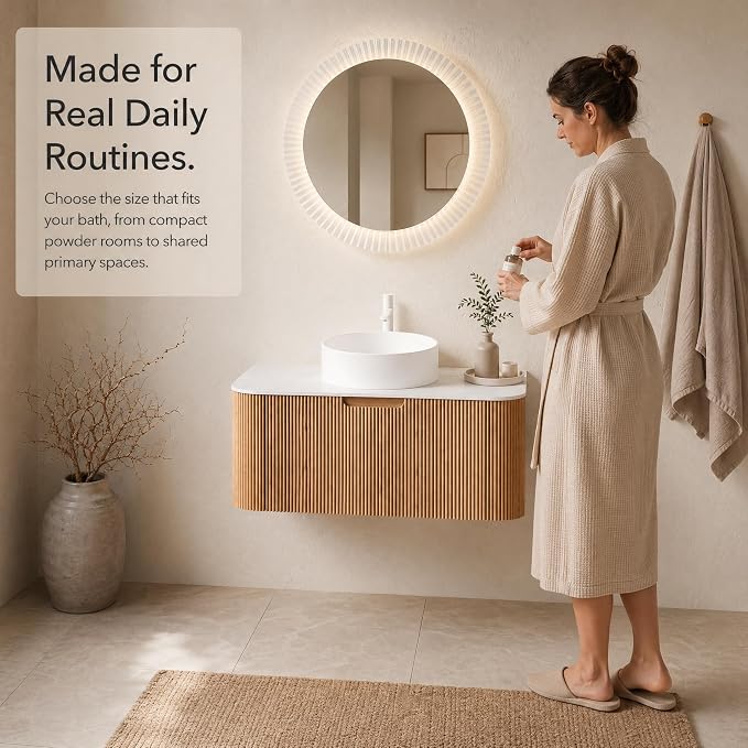 36 Inch Bathroom Vanity with Sink, Floating Wall Mounted Single Sink Vanity, Natural Woodgrain Curved Fluted Front, Stone Top, Pure White Round Vessel Basin, Pre-Assembled
