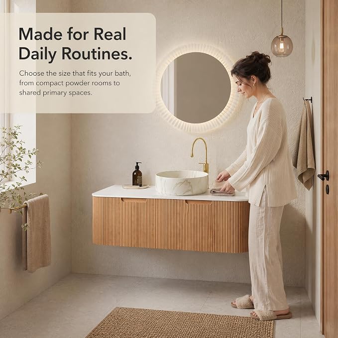 48 Inch Bathroom Vanity with Sink, Floating Wall Mounted Single Sink Vanity, Natural Woodgrain Curved Fluted Front, Stone Top, Marble-Look Round Vessel Basin, Pre-Assembled