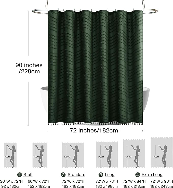 Siiluminisoy Extra Long Dark Green Boho Shower Curtain with Tassel, Woven Fabric 90 in, Tufted Chevron Striped, 72 x 90, Modern Chic Textured Minimalist Bathroom