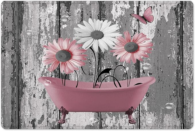 HVEST Farmhouse Pink Floral Bathroom Set With Shower Curtain and Rugs - Grey and White Daisy Flower in Bathtub With Butterfly on Vintage Wood - 70L X 70W Inch