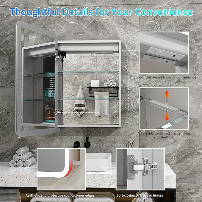 24ร32 Inch LED Lighted Medicine Cabinet, Bathroom Medicine Cabinet with Mirror and Lights, RGB Multicolor Backlit, Adjustable Front Lighted, Defogger, Dimming, Memory Function, Wall Mounted