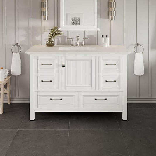 Eviva Britney 42 Inch Vanity with Top - White 42 Bathroom Vanity with Sink and Countertop White Carrara Quartz & Porcelain Sink Combo for Bathroom Sink Cabinet