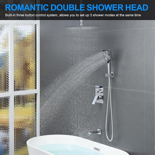 Bathtub Shower Faucet Set with Pressure Balance Valve, 12" Ceiling Mount Shower System with Tub Spout Multi-function Handheld Head Pressure Balancing Push Button Diverter Shower Trim Kit,Chrome