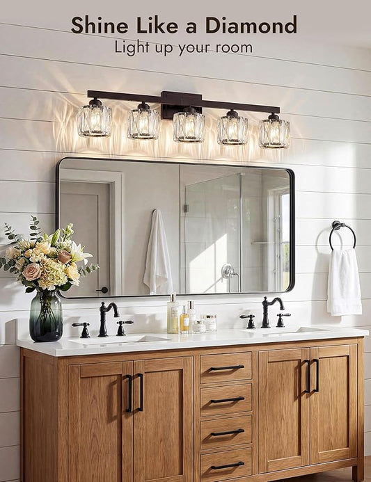 VOLISUN Crystal Vanity Lights for Bathroom, 5 Light Bathroom Vanity Light, Modern Matte Black Bathrooms Light Over Mirror, Black Bathrooms Lights Fixtures-UL Certificated(Exclude Bulb)