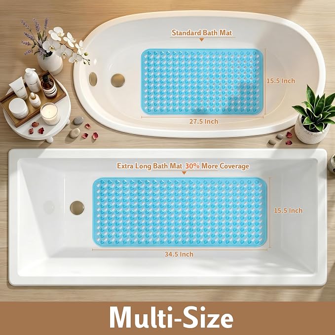 Yimobra Bathtub Mat Non Slip, Super Strong Suction Cups, 28"X16" Long Shower Mat with Drain Holes, Machine Washable Fast Draining Bath Mats, Bathroom Essentials,Clear Blue