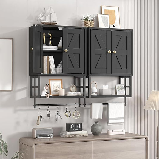 Farmhouse Medicine Cabinet - 3-Tier Wall Mounted Storage Organizer with Adjustable Shelves, Towel Bar, 5 Hooks for Small Bathroom, Laundry Room, Over Toilet, Living Room, Bedroom (Black)