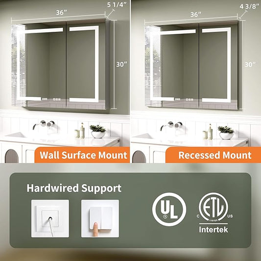 LED Medicine Cabinet Mirror with Lights, 36 x 30 Inch Bathroom Storage, Recessed/Wall Mount, Plug-in/Hardwired, 3 Color Dimmable Light, Anti-Fog, Time Temp Display