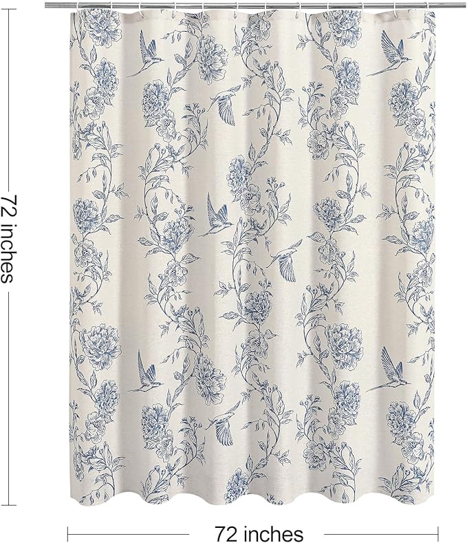 MitoVilla Blue Cotton Boho Hummingbird Shower Curtains, 72 x 72 | Blue Cottagecore Spring Shower Curtain for Bathroom, Modern Farmhouse French Country Bathroom Décor, 72x 72