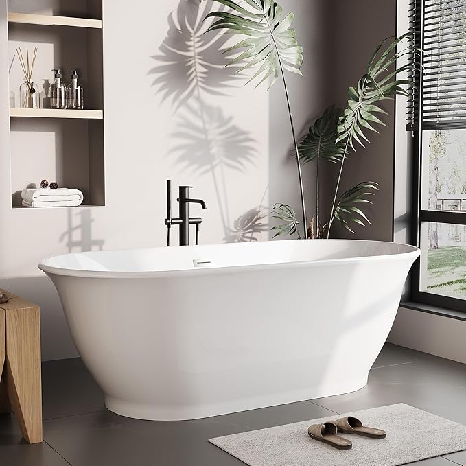 59" Oval Freestanding Bathtub, Acrylic Soaking Tub with Overflow, Matte Silver Drain, Modern Stand Alone Tub, Deep Free Standing Bath Tub for Bathroom, Hotel, Easy Install, CUPC Certified, White