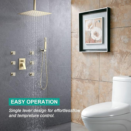 Rain Shower System, 16 Inch Ceiling Mounted Shower Faucet, Shower Combo Set with Rain Shower, Handheld Shower Head, 6 Massage Body Sprays and Pressure Balance Valve Kit