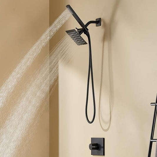 SOOOHOT Black Shower Faucet Set,Shower Head with Handheld Spray Combo&Valve | 6-inch rainhead, 3-way diverter, brass valve, wall-mount, matte black finish,Shower Head with Handheld,
